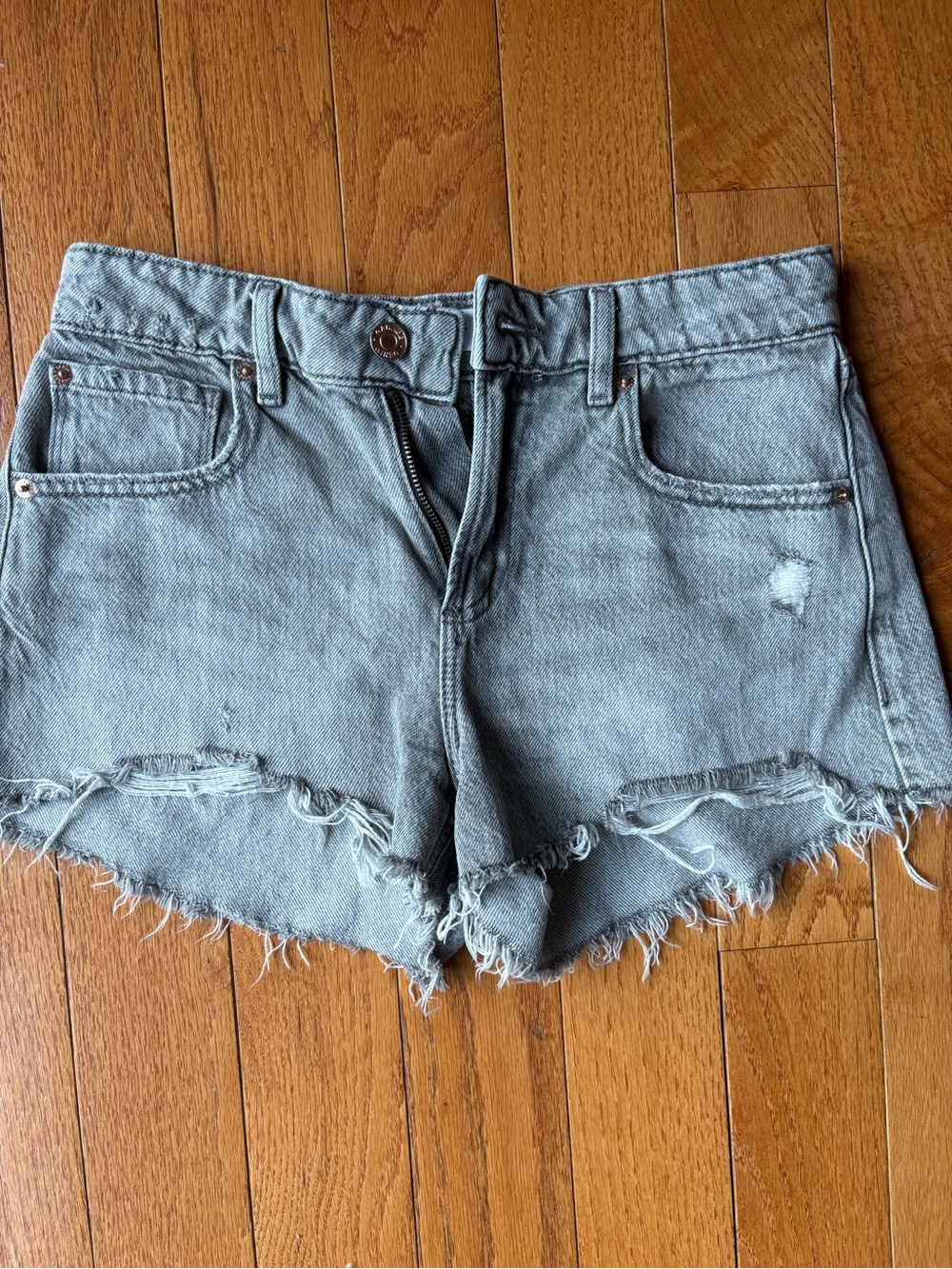 High-Rise Distressed Denim Shorts - Gray from Garage